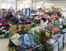 Eine Lagerhalle vom carla Sortierwerk. Es sind unzählige Schiebewägen mit Kleidung befüllt. Diese stehen verteilt in der ganzen großen Halle. 