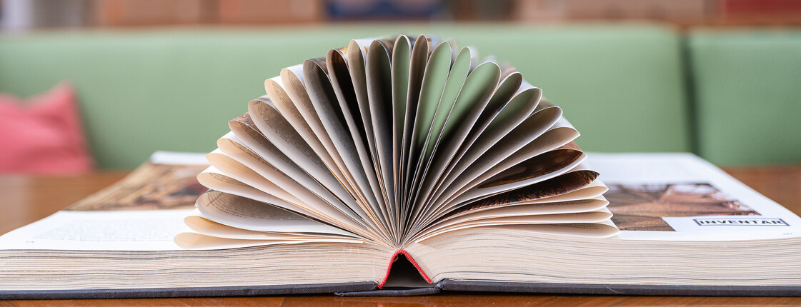 Aufgeschlagenes Buch auf einem Tisch, dessen Seiten fächerförmig nach oben aufgeklappt sind.