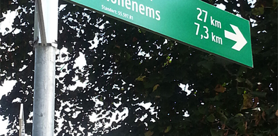 Ein grüner, und silberner Wegweiser wurde fotografiert. Sie weisen nach Feldkirch und Hohenems. 